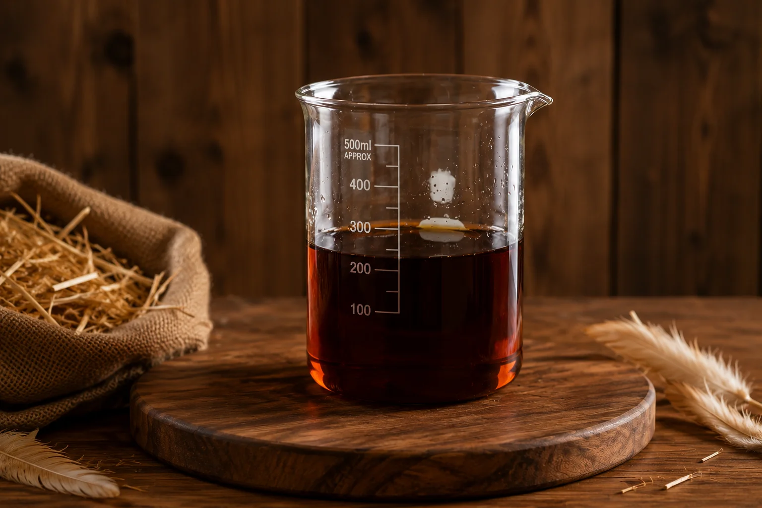 Glass beaker with Poultry Protein Oil on a wooden surface